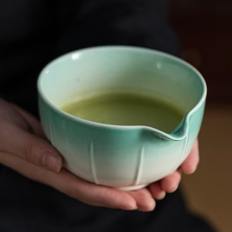 Blue-to-White Gradient Stripe Matcha Bowl