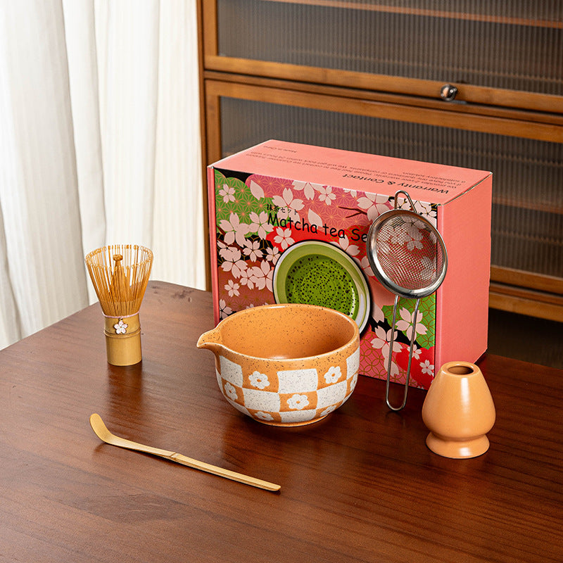 Checkered cherry blossom Orange Matcha Set 5 Pieces