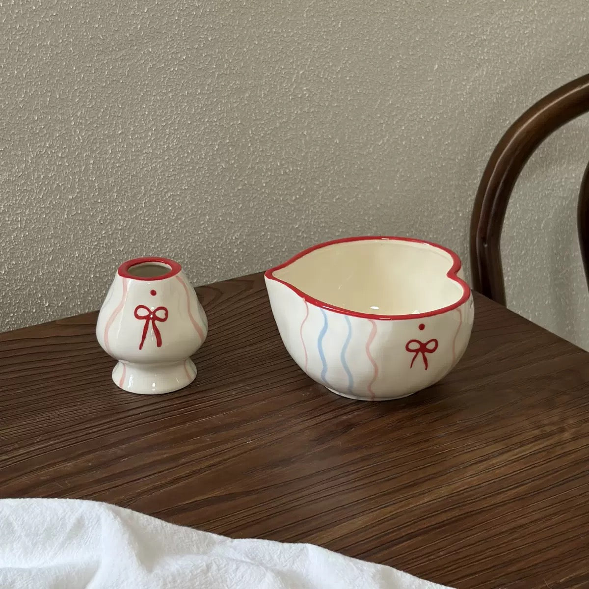 Ribbon Bow-Heart Shaped Matcha Bowl 2 Pieces