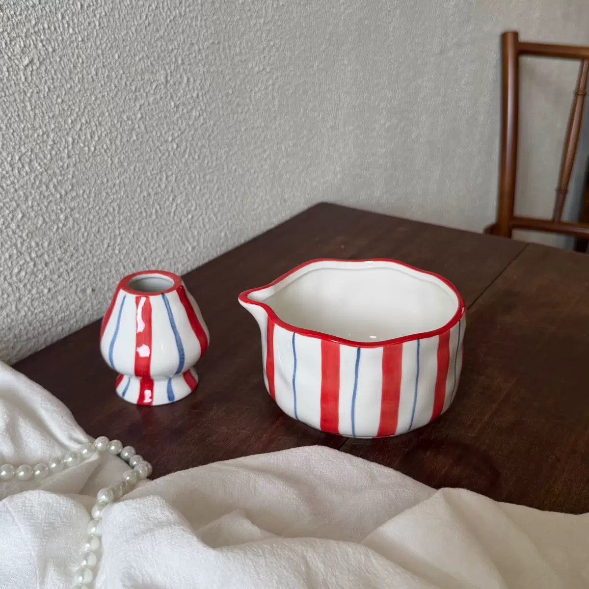 French Inspired Red & Blue Striped Matcha Bowl 2 Pieces
