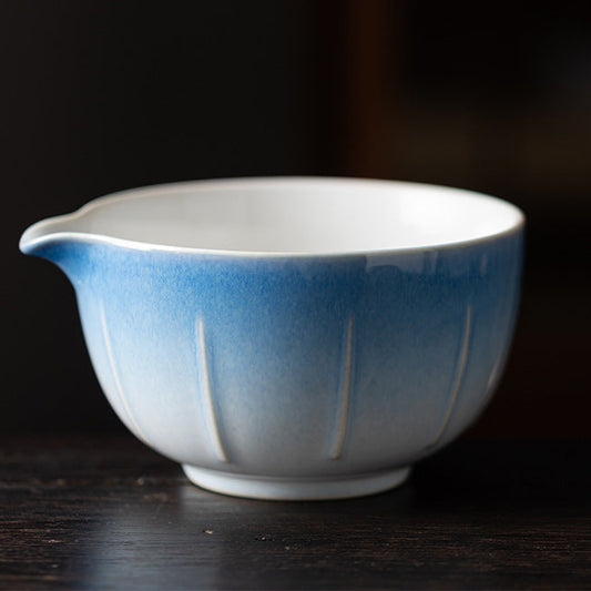 Blue-to-White Gradient Stripe Matcha Bowl