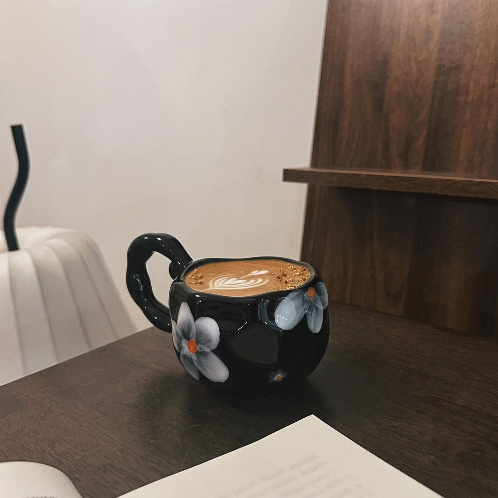 Vintage Black Cup with White Floral