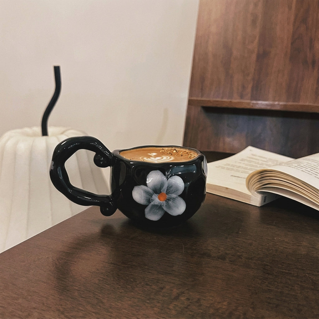 Vintage Black Cup with White Floral
