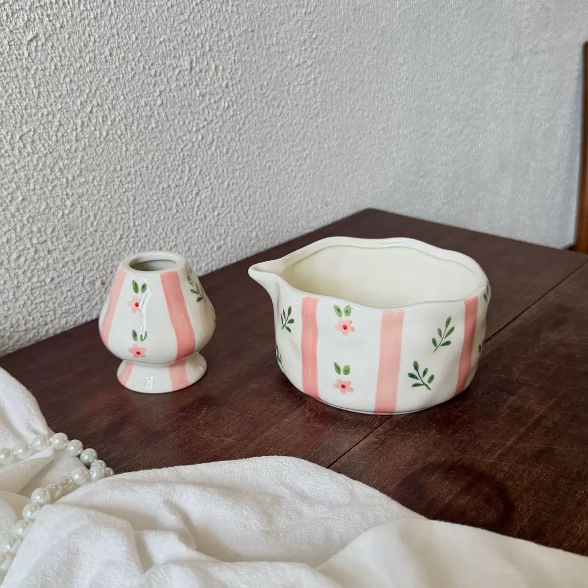 Soft Pink Floral Matcha Bowl 2 Pieces